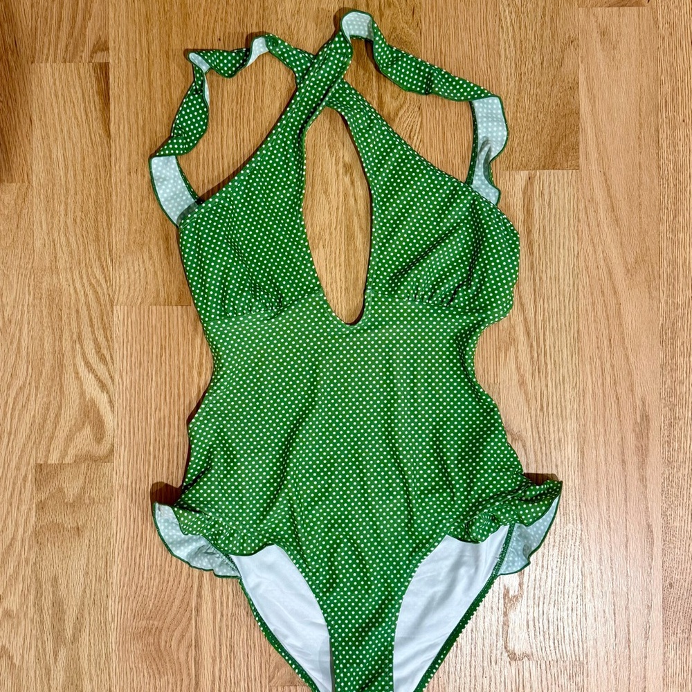 Green Polkadot ruffle one piece swimsuit size M